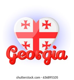 Lettering Georgia with national flag in heart shape. Icon for your design isolated on blue background in cartoon style for Independence Day. Vector illustration. Holiday Collection.