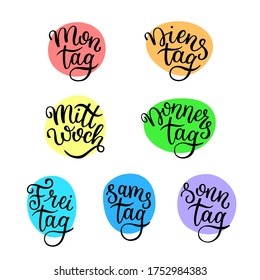 Lettering in German, days of the week - Monday, Tuesday, Wednesday, Thursday, Friday, Saturday, Sunday. Handwritten words for calendar, weekly plan, organizer.