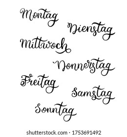 Lettering in German, days of the week - Monday, Tuesday, Wednesday, Thursday, Friday, Saturday, Sunday. Handwritten words for calendar, weekly plan, organizer.