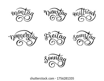 Lettering in German, days of the week - Monday, Tuesday, Wednesday, Thursday, Friday, Saturday, Sunday. Handwritten words for calendar, weekly plan, organizer.