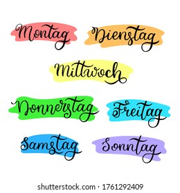 Lettering in German, days of the week - Monday, Tuesday, Wednesday, Thursday, Friday, Saturday, Sunday. Handwritten words for calendar, weekly plan, organizer.