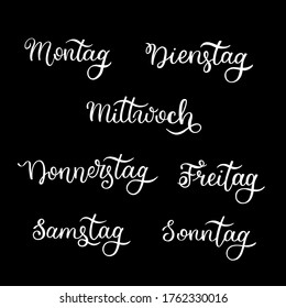 Lettering in German, days of the week - Monday, Tuesday, Wednesday, Thursday, Friday, Saturday, Sunday. Handwritten words for calendar, weekly plan, organizer.