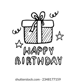 Lettering with gift and text happy birthday. Doodle style text element for birthday.