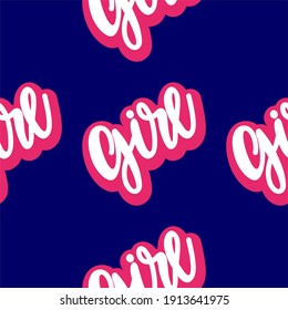 Lettering Girl pink and white on a blue background, seamless pattern, ideal for decoration or application on fabric and paper