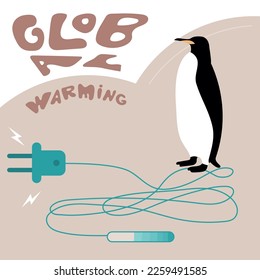 Lettering GLOBAL WARMING and penguin. Climate change SAVE EARTH NOW. Vector illustration, urban city production electricity and emissions co2 or carbon footprint.