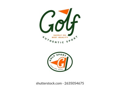 lettering golf with golf flag pole logo design sets. letter g with golf flag pole badge modern illustration logo design for golfer, golf sport club and tournament