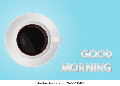 Lettering Good morning. Flat Design Cup of coffee, Vector isolated illustration on blue gradient background