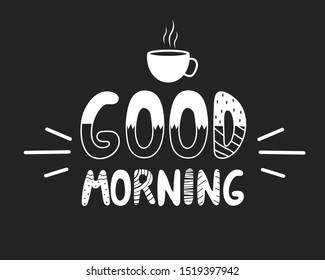 Lettering good morning in Scandinavian style with a white mug on a black background