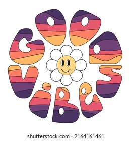 Lettering Good Vibes inscribed in the shape of a circle, painted with retro colors and with a daisy in psychedelic style.