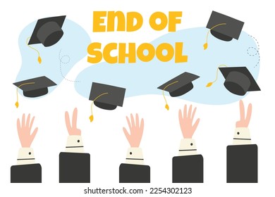 Lettering Graduate 2023. Class of 2023. End of school or last day of school. Caps of graduates fly into the sky.Vector illustration. Flat cartoon style.