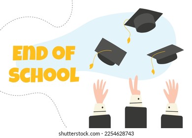 Lettering Graduate 2023. Class of 2023. End of school or last day of school. Caps of graduates fly into the sky.Vector illustration. Flat cartoon style.