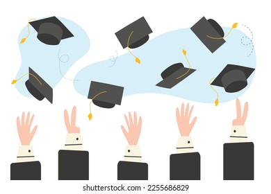 Lettering Graduate 2023. Class of 2023. End of school or last day of school. Caps of graduates fly into the sky.Vector illustration. Flat cartoon style.