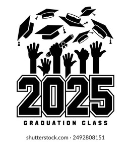 Lettering Graduate 2025 for greeting, invitation card. Graduation from school, tradition of throwing caps up. Text for graduation design, congratulation event, T-shirt, party, high school or college g