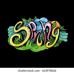 Lettering in graffiti style "Spring". Hand writing. Color image on a dark background