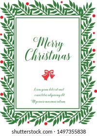 Lettering greeting card merry christmas, with artwork of green leafy flower frame. Vector
