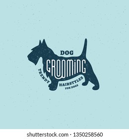 Lettering Grooming on scottish terrier silhouette with stamp effect for logo, label, badge, emblem design. Vector illustration.