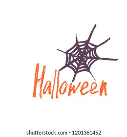 Lettering Halloween with cobweb on white background. Spider web and text. Vector illustration, isolated.