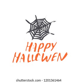 Lettering Halloween with cobweb on white background. Spider web and text. Vector illustration, isolated.