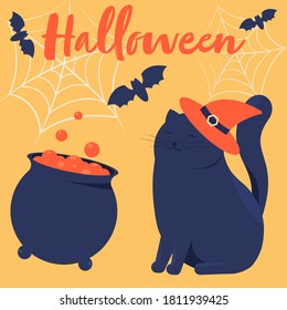 Lettering Halloween, Cute smiling cat  in a witch hat, witch's cauldron, bats, cobwebs. Orange pumpkin with cut eyes and mouth. Halloween night party, holiday vibes. Vector cartoon flat illustration