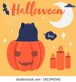 Lettering Halloween, Cute smiling cat sits in a pumpkin, candles, moon, stars, bat on yellow background. Orange pumpkin with cut eyes and mouth. Halloween night party, holiday vibes. Vector cartoon.