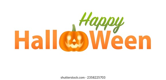 Lettering for Halloween and pumpkins for decoration and covering on a white background. Happy Halloween concept. Halloween pumpkins with a happy face. Vector illustration