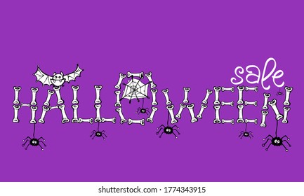 Lettering Halloween sale lined with bones surrounded by spiders and bats, isolated vector illustration, poster for printing on t-shirt, store signage, advertising, restaurant menu. Doodling, sketch