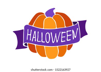 Lettering Halloween. Tape around the pumpkin. Hand drawn vector illustration with white stroke. For cards, stickers, icons.