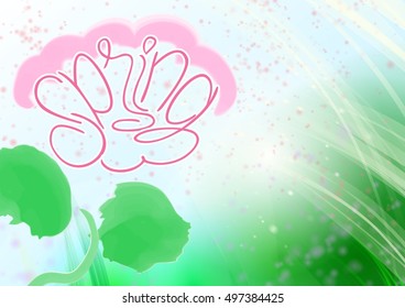 Lettering hand drawn composition. Word Spring in the form of flower. Handwritten calligraphy on spring abstract background with small circles like fly around petals in the sky over the blurred grass