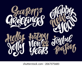 Etiqueta dibujada a mano - Vacaciones de invierno: Feliz año nuevo, Holly jolly, saludos de las estaciones, Feliz Navidad. Fiestas de diciembre.