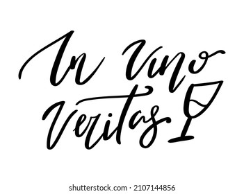 Lettering hand drawn quote In vino veritas, isolated on white background