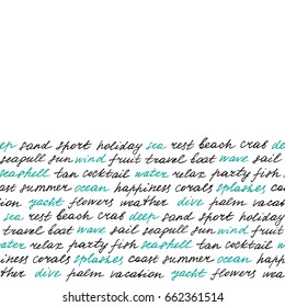 Lettering Hand Drawn Seamless Border. Wallpaper With Black And Blue Words On The Theme Of Beach On White Background.