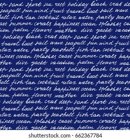 Lettering hand drawn seamless pattern on blue background. Wallpaper with words on the theme of beach.
