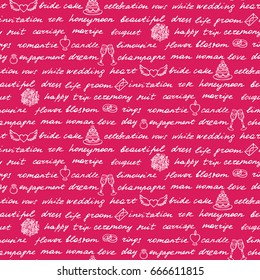 Lettering hand drawn seamless pattern on pink background. Words and drawings on the theme of wedding.