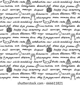Lettering hand drawn seamless pattern. Words and drawings on the theme of wedding.