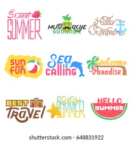 Lettering hand drawn set with logos, banners and icons for summer party