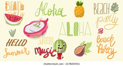 Lettering, hand drawn tags and elements for summer vacation, travel, beach holiday, sun. Vector illustration.