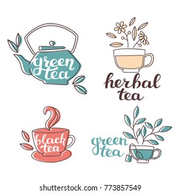 Lettering and Hand Drawn Tea Pot and Cup And Leaves. 