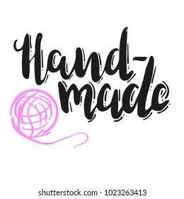 Lettering hand made with ball of threads on white background. Hand drawn vector illustration, brushpen. Hand lettering quote for handcrafted products. Calligraphic logo for handmade goods, shop.