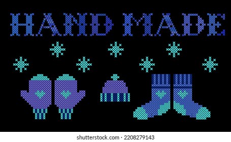 Lettering Hand Made with borders, socks, hat and mittens   made  in stitch style. Holiday design for card, poster, napkin. Cute home accessory. Winter theme.