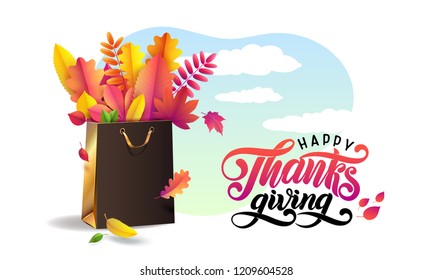 Lettering hand written text Happy Thanksgiving. Vector illustration of bright bouquet of autumn fallen leaves in gold gift paper shopping bag. Sky background. Festive Thanksgiving greeting sale card