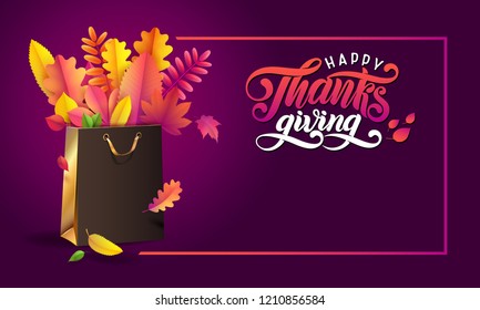 Lettering hand written text Happy Thanksgiving. Vector illustration of bright bouquet of autumn fallen leaves in golden gift paper shopping bag. Pink background Festive Thanksgiving greeting sale card