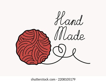 Lettering Handmade, knitting. Sewing drawings. Doodle vector illustration. Balls of thread . Handicraft, needlework.  	