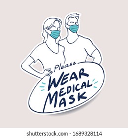 Lettering handwriting logo design for protective medical face masks. Men and women wearing protection from virus, urban air pollution, smog, vapor, pollutant gas emission. Vector illustration.
