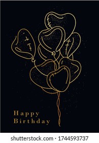 Lettering happy Birthday. Beautiful greeting card scratched calligraphy text word gold heart balloon. Minimalist Black design with pops gold, banner, poster template and photo overlays. Media social
