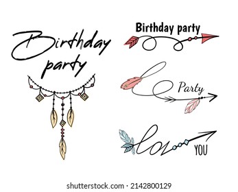 Lettering happy birthday in boho style on a watercolor background. Modern calligraphy phrase with hand drawn arrows and feather. Hippie quotes collection. Typography poster design.