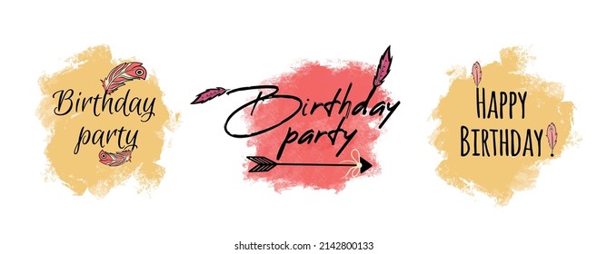 Lettering happy birthday in boho style on a watercolor background. Modern calligraphy phrase with hand drawn arrows and feather. Hippie quotes collection. Typography poster design.