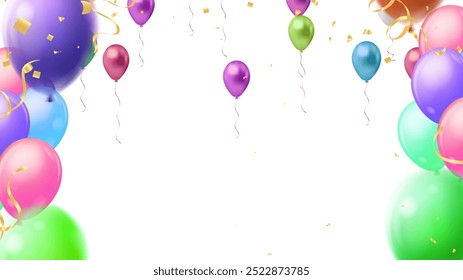 Lettering Happy Birthday on sunny blue background. Flying colorful balloons, multicolored pennants and confetti. Illustration can be used for holiday design, posters