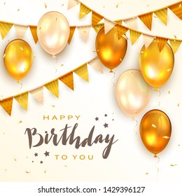 Lettering Happy Birthday To You with holiday balloons, pennants and confetti on white background. The concept of holiday card can be used for congratulation, posters and banners, illustration.