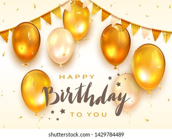 Lettering Happy Birthday To You with stars on white background. Holiday decorations with golden balloons, pennants and confetti. Greeting card can be used for congratulation, posters and banners.