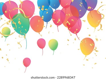 Lettering Happy Birthday To You white background. Holiday decorations with balloons, pennants and confetti. Greeting card can be used for congratulation, posters and banners.
